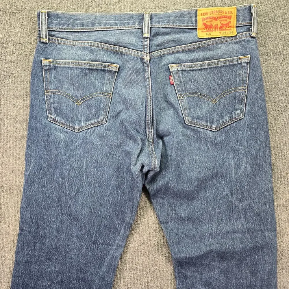 Levis 501 Jeans 36x34 (36x33) Blue Denim Straight Leg Button Fly Cotton Whisker